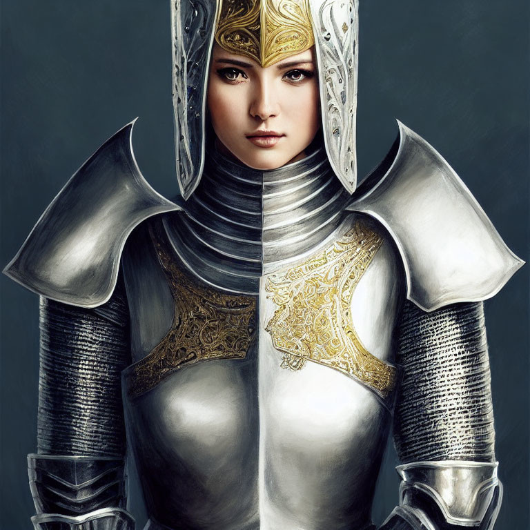 Female Warrior in Silver Armor with Gold Detailing and Helmet