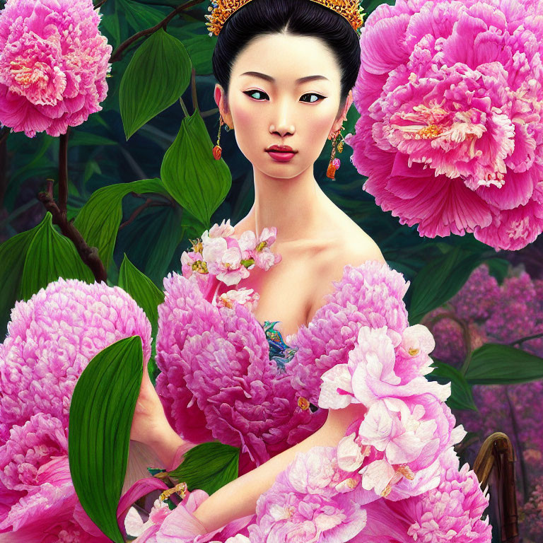 Portrait of elegant lady with black hair and gold pins among vibrant pink peonies