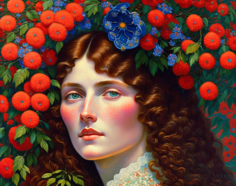 Portrait of woman with auburn hair and green eyes in floral setting