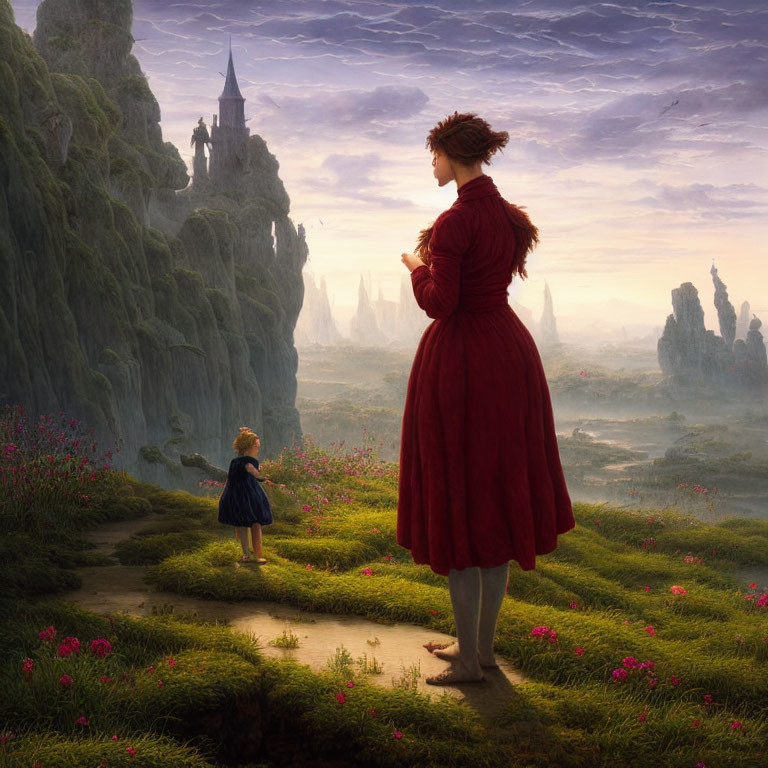 Woman in red dress gazes at child in magical landscape