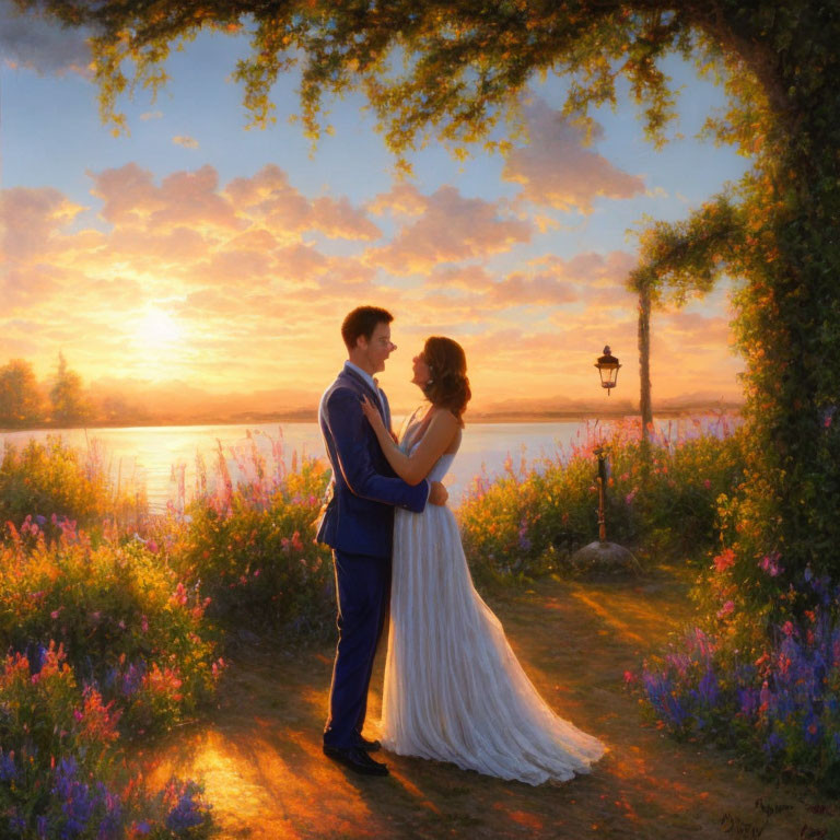 Formal couple embracing at sunset by lakeside with flowers and street lamp.