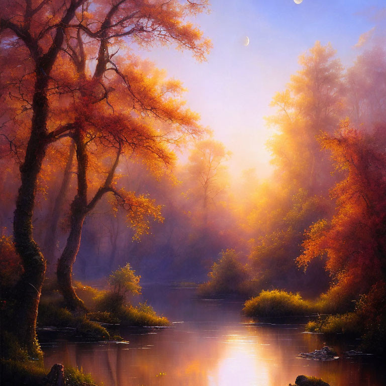 Tranquil autumn landscape with golden leaves, serene river, crescent moon, and misty forest