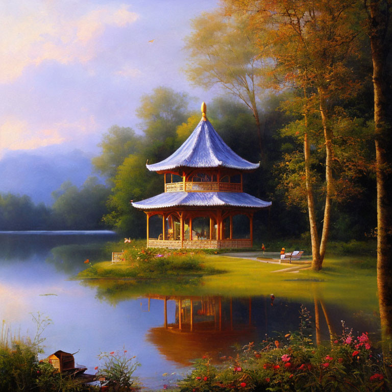 Tranquil lakeside scene with pagoda in forest setting at dusk