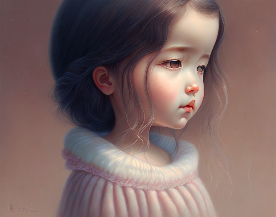 Young girl illustration with expressive eyes, soft features, and rosy cheeks in pink sweater