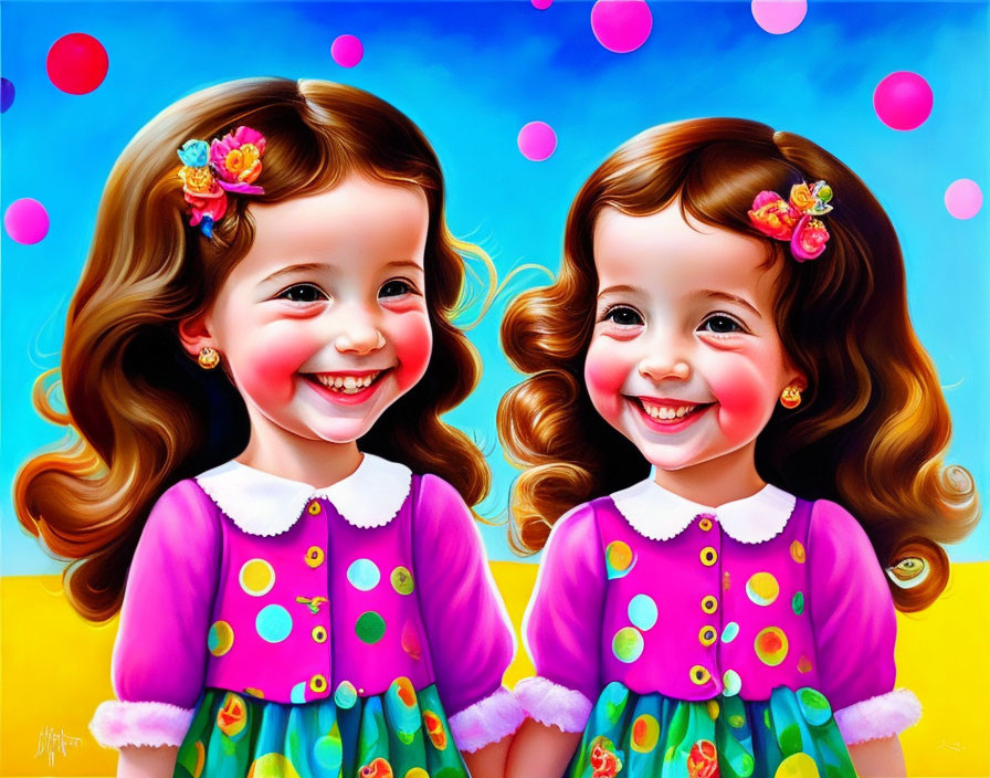Cartoon girls in colorful dresses against vibrant background
