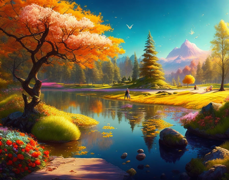 Tranquil lake, colorful trees, flowers, and distant mountain in vibrant landscape