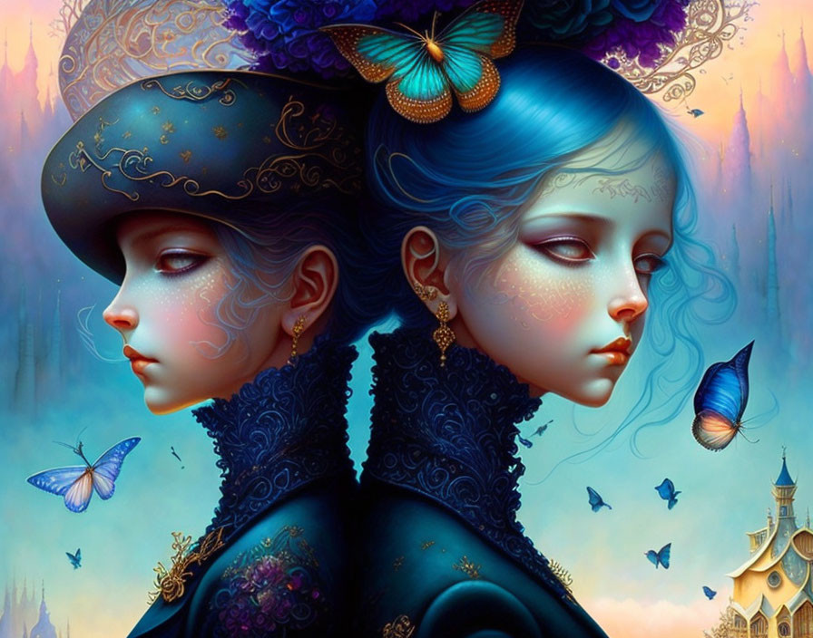 Fantasy digital artwork of two blue-skinned females in intricate attire with flowers and butterflies