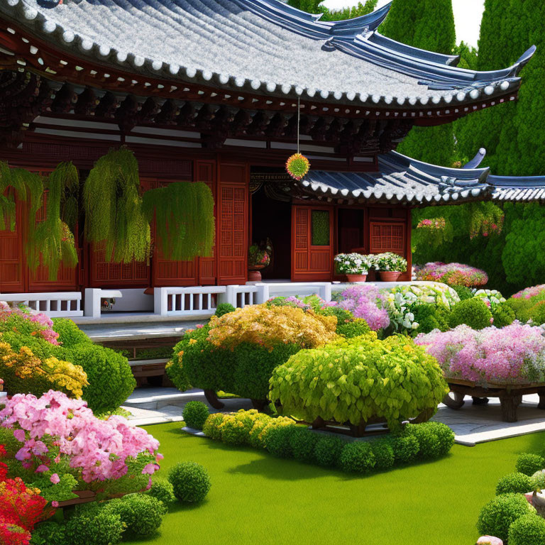Traditional East Asian temple in lush garden with colorful shrubs