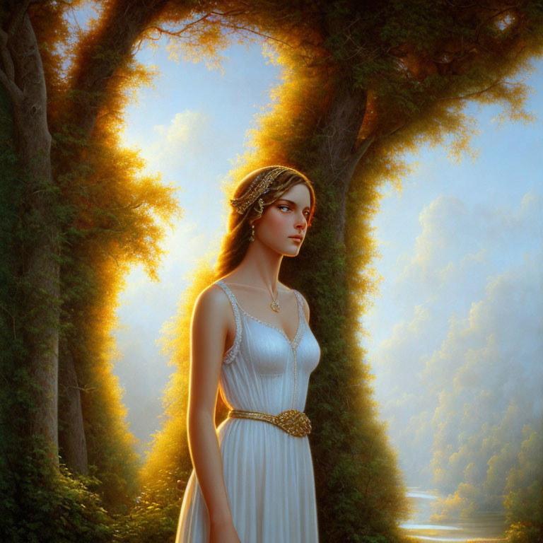 Woman in white dress in mystical forest with river and sunlight