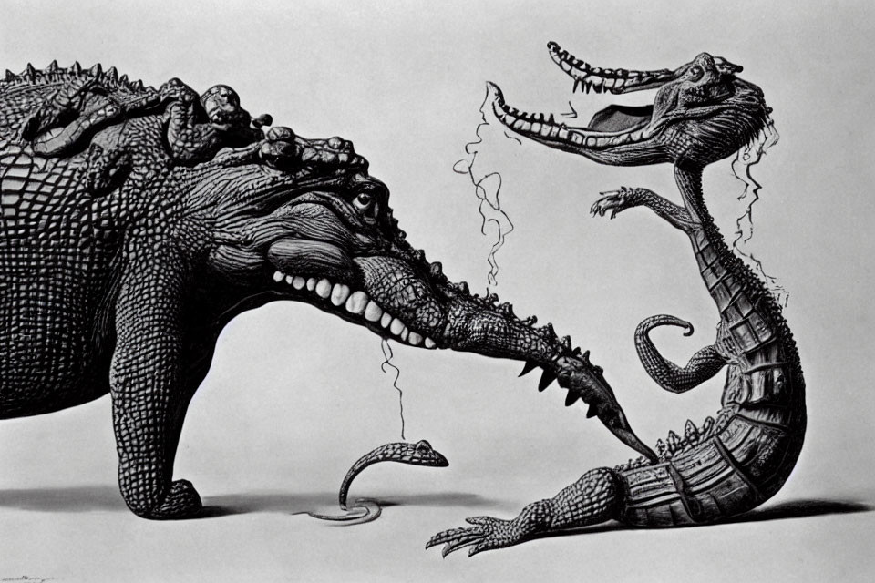 Monochrome surreal crocodile illustration with open mouth and nested crocodile