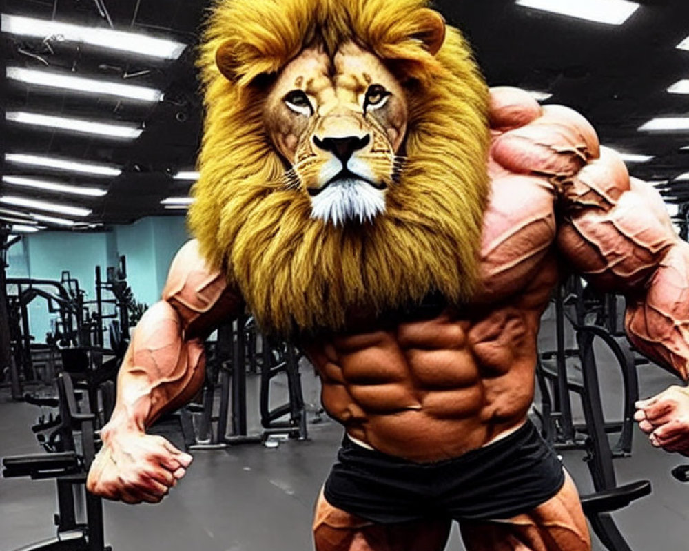 Muscular person in gym with lion mask, defined abs and flexed biceps