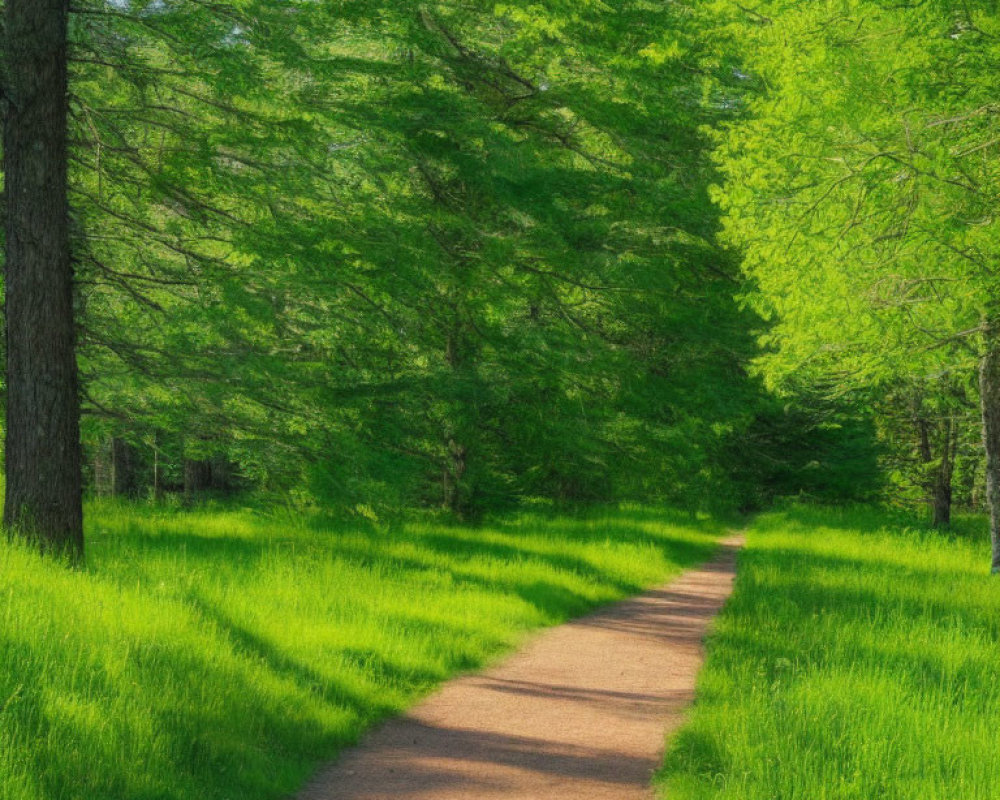 Tranquil forest path with lush green grass and towering trees