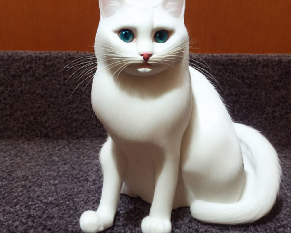 White Cat Figurine with Blue Eyes and Long Whiskers on Brown Surface and Orange Background