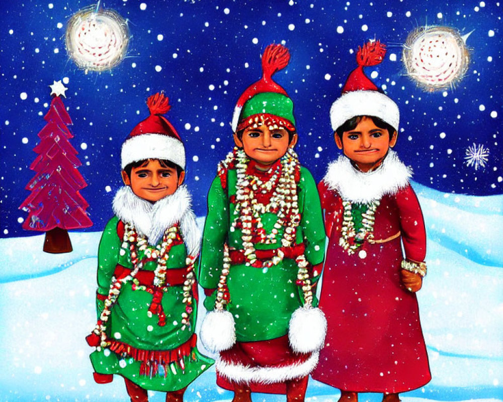 Three Children in Festive Attire in Snowy Scene with Christmas Tree