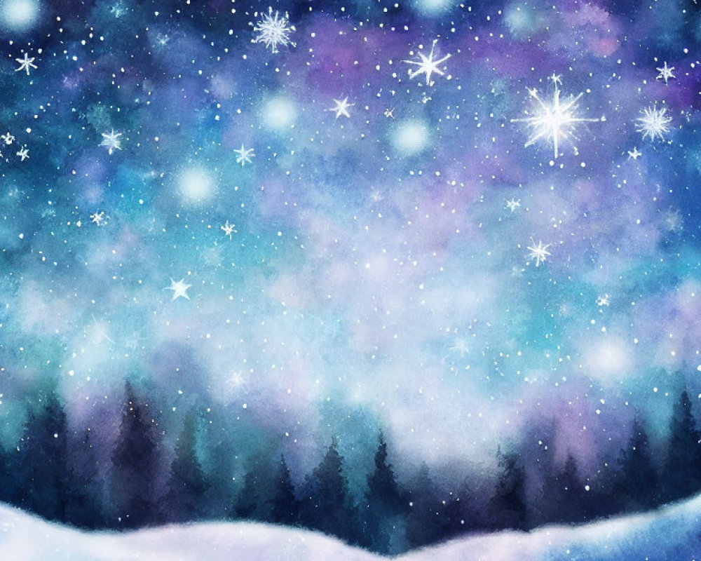 Whimsical watercolor illustration of starry snowflake sky over pine forest
