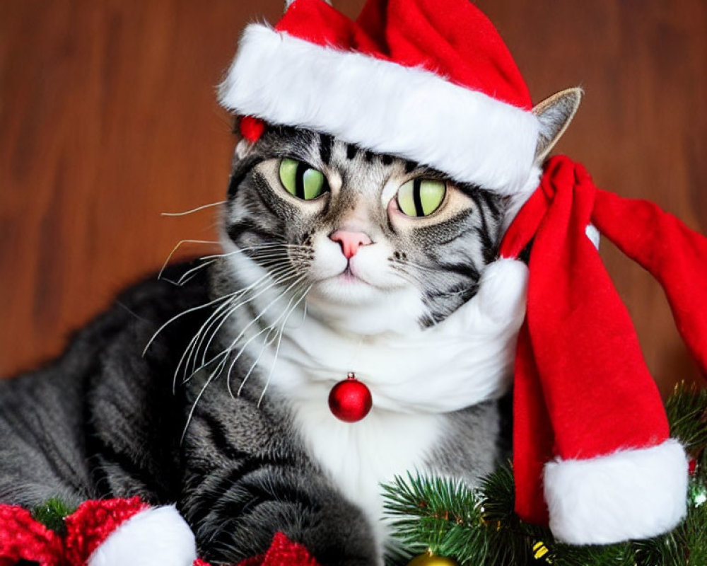 Gray Tabby Cat with Green Eyes in Santa Hat Amongst Christmas Decorations