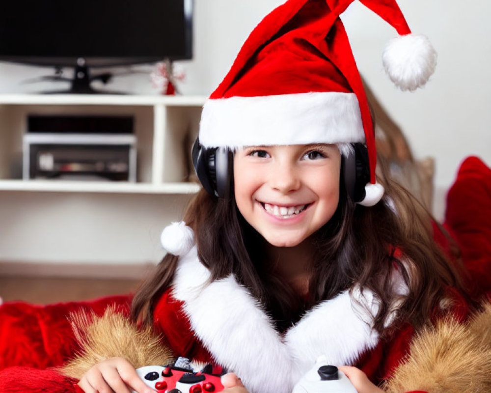 Smiling child in Santa hat with headphones and game controller on red blanket