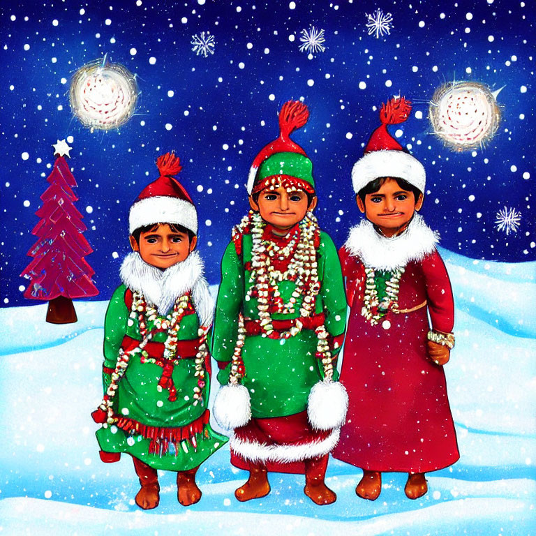 Three Children in Festive Attire in Snowy Scene with Christmas Tree
