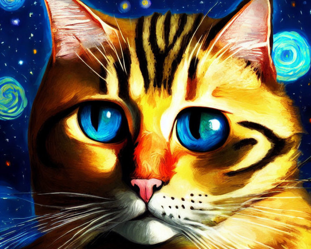 Vibrant cat with blue eyes on starry background inspired by Van Gogh