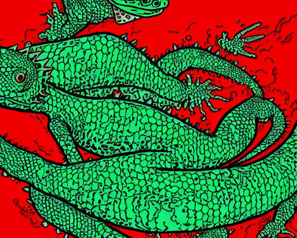 Intricate Green Geckos Intertwined on Vibrant Red Background