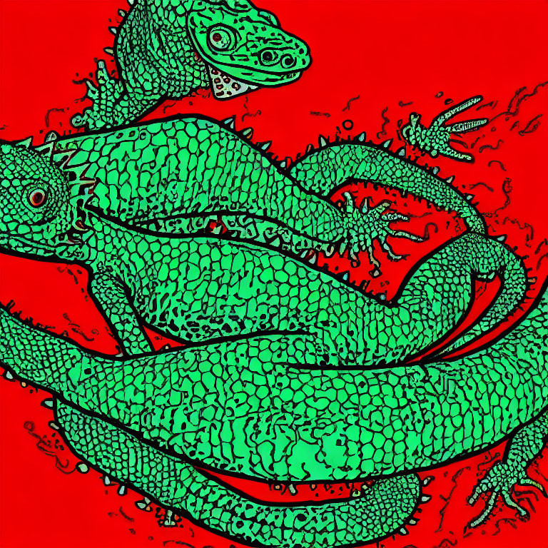 Intricate Green Geckos Intertwined on Vibrant Red Background