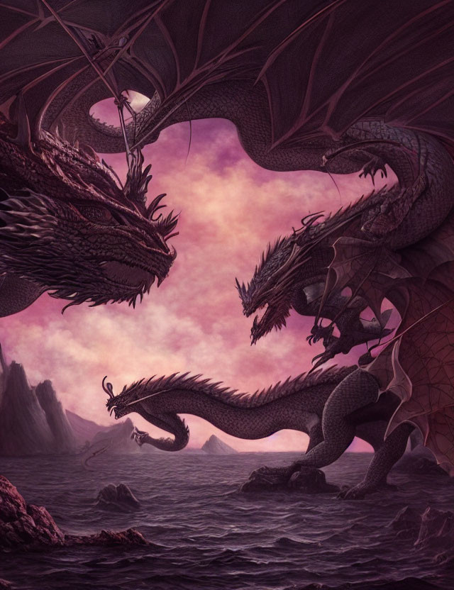 Majestic dragons by misty sea under dusky purple sky