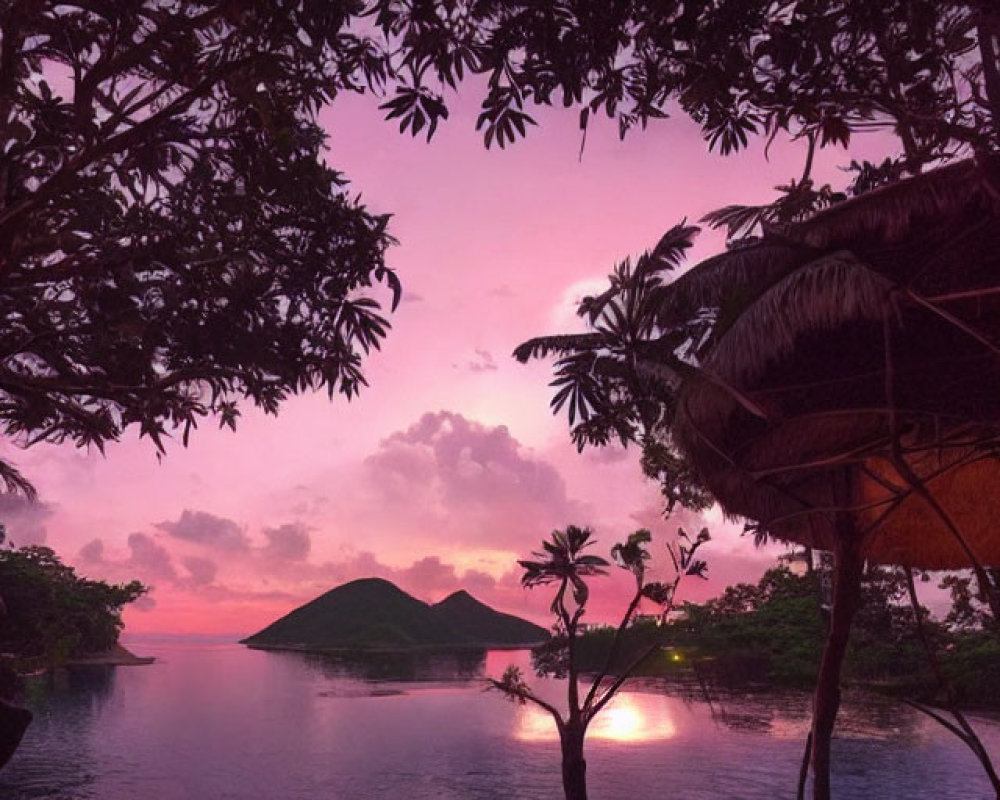 Tranquil dusk landscape with pink-purple sky, island, foliage, and hut.