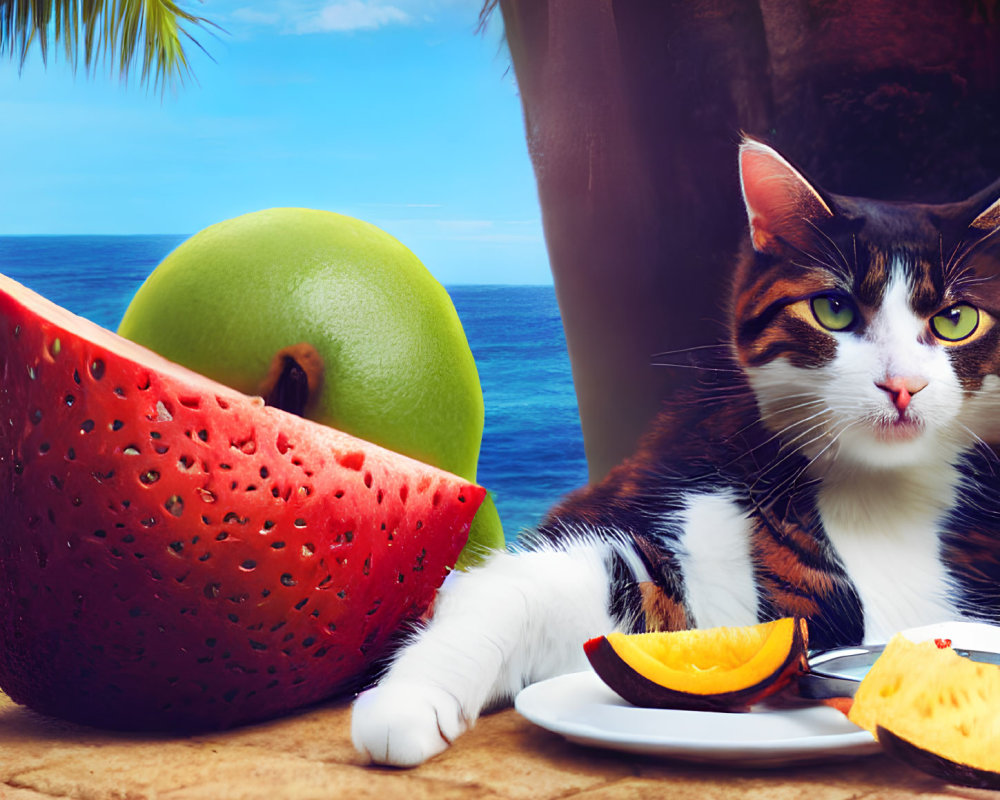 Cat relaxing near table with fruit on beach background