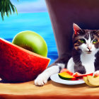 Cat relaxing near table with fruit on beach background