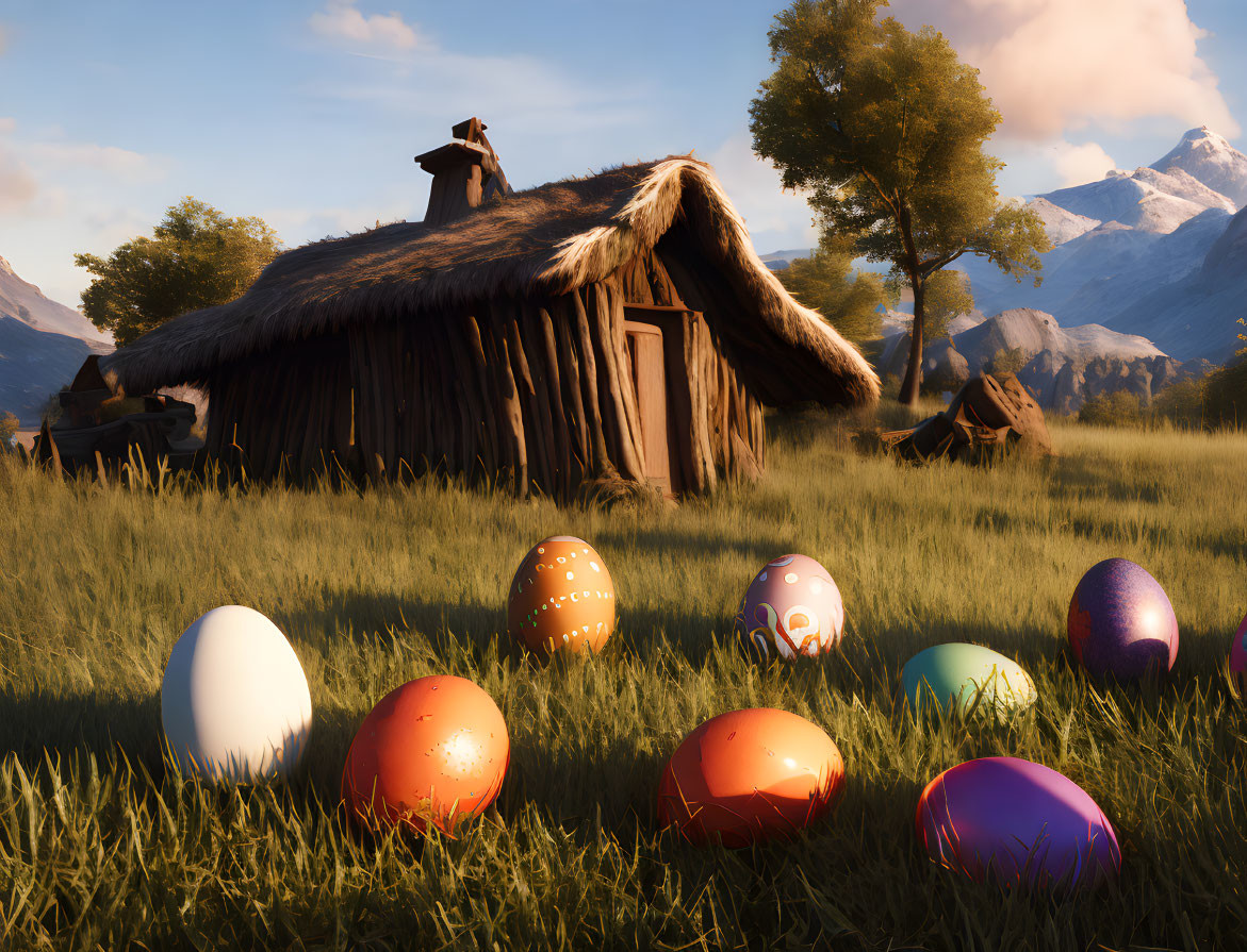 Vibrant Easter eggs on grass near rustic hut in mountain landscape