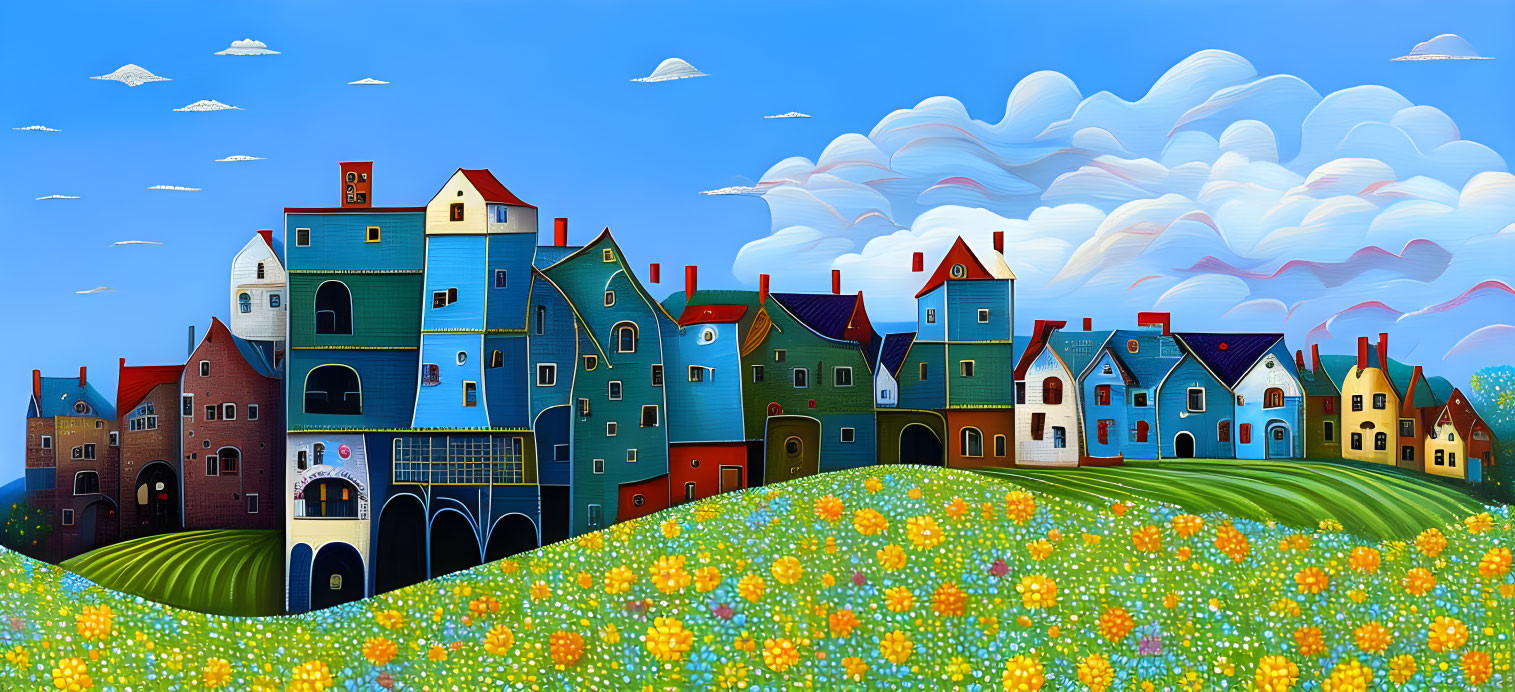 Vibrant Stylized Painting of Whimsical Village