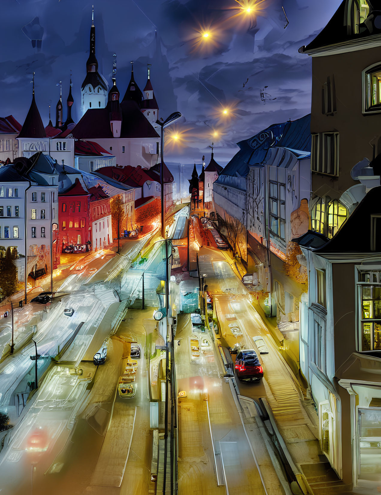 Night lights of Tallinn and traffic 