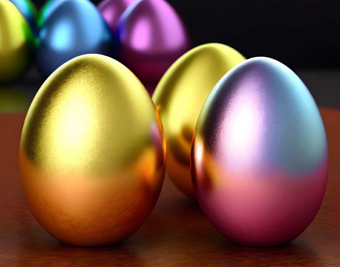 Shiny Gold, Pink, and Blue Easter Eggs on Wooden Surface