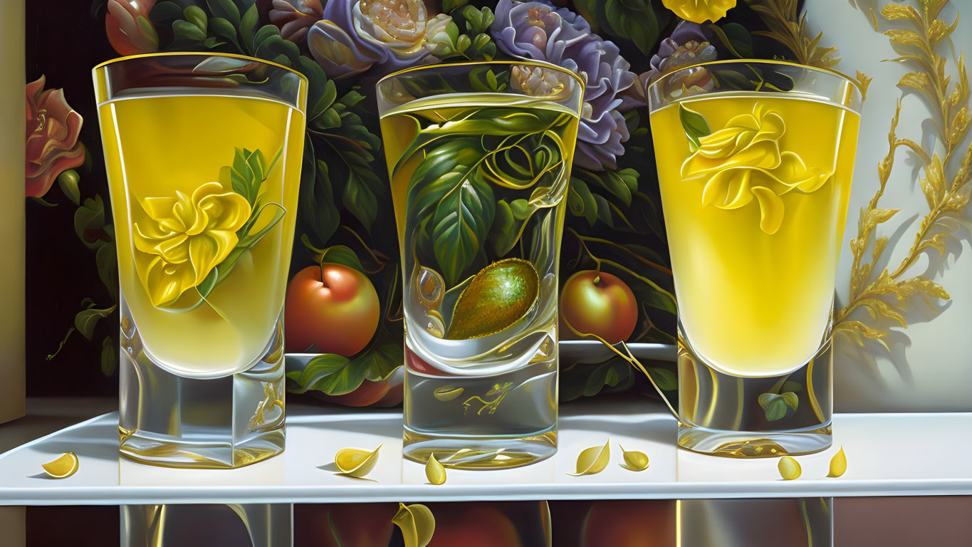 Realistic glasses with yellow liquid, lemon peels, fruits, and flowers on reflective surface