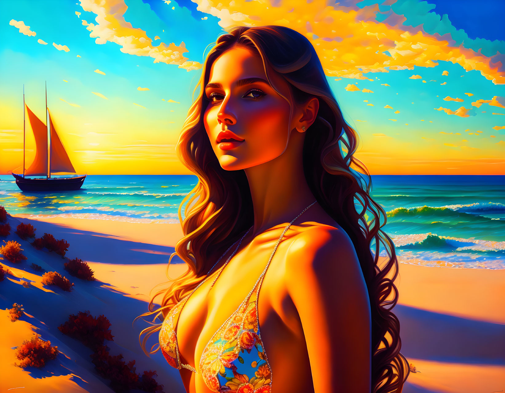 Woman with long hair on beach at sunset with sailboat in distance
