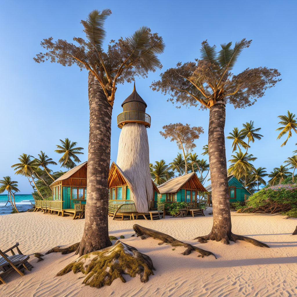 Tropical beach scene with palm trees, lighthouse, and beachfront huts