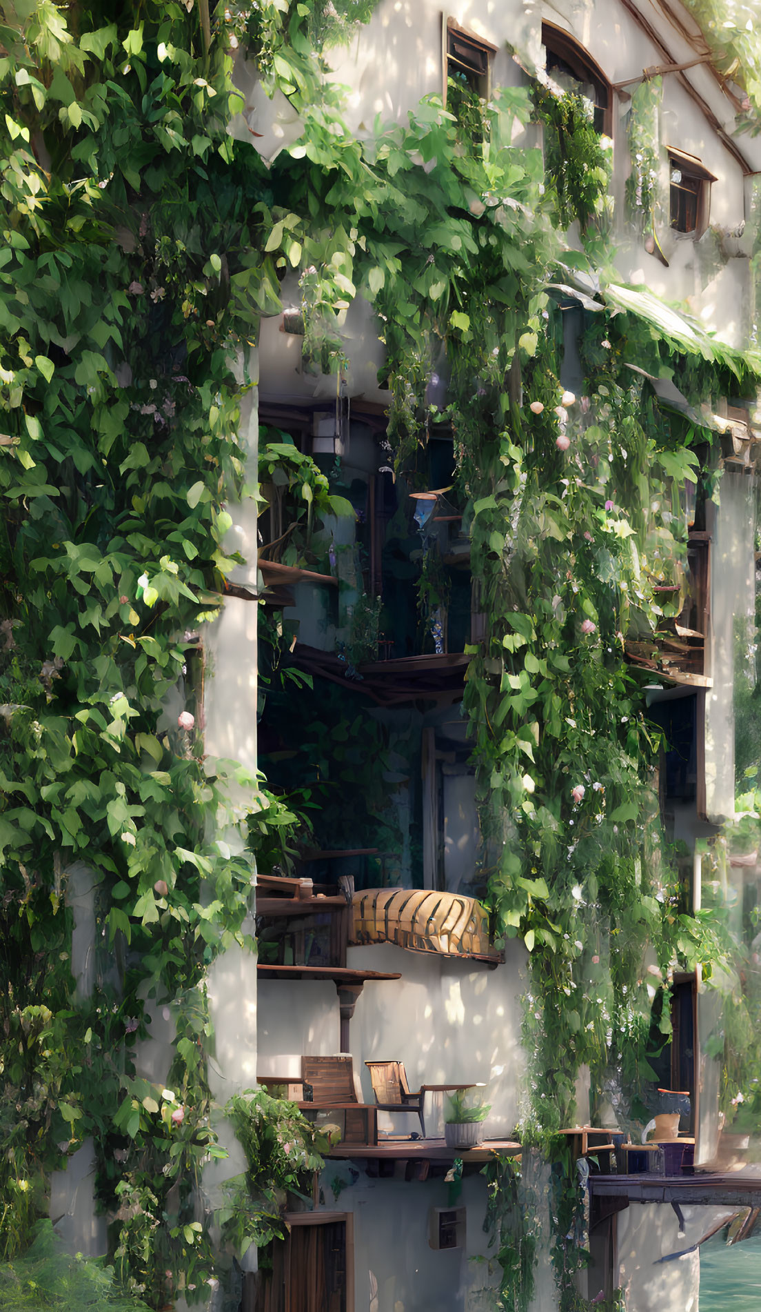 Overgrown building with lush green vines and wooden balconies