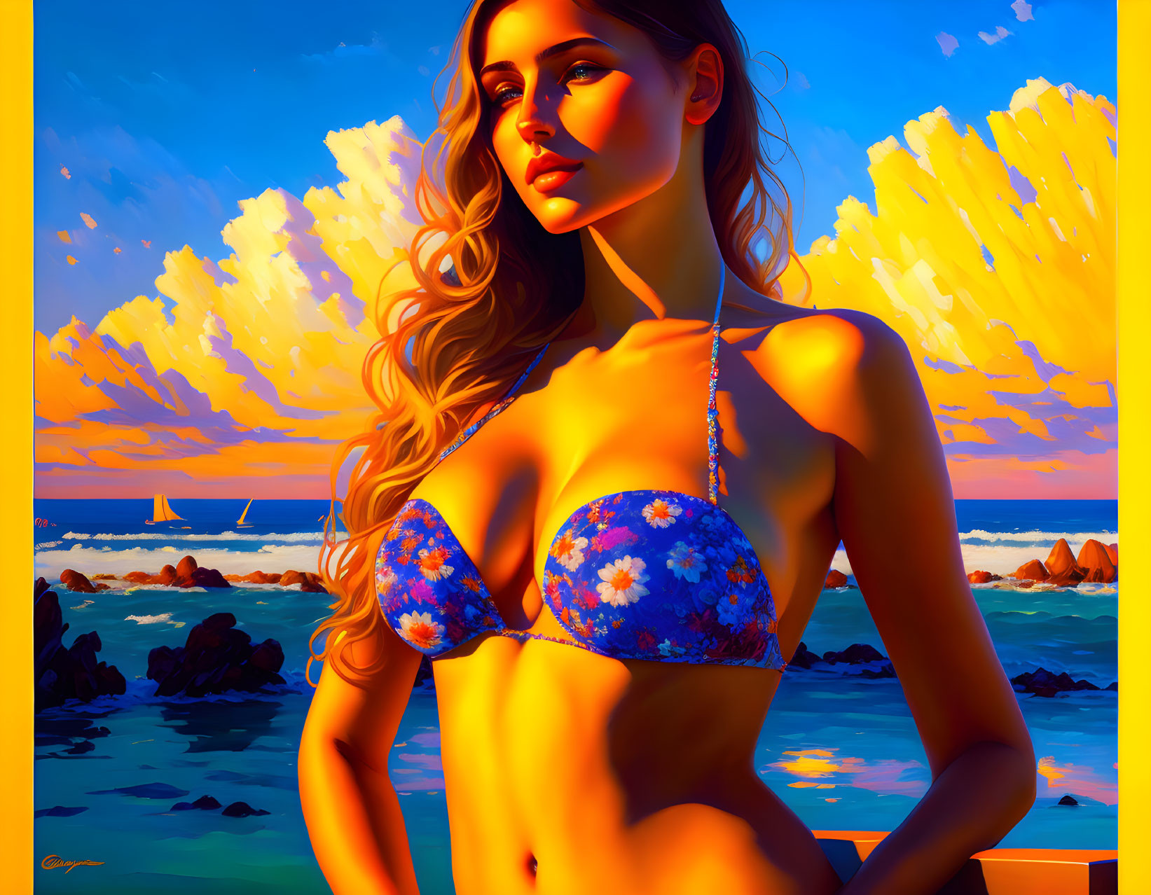 Girl in a bikini in the style of Paul Gauguin