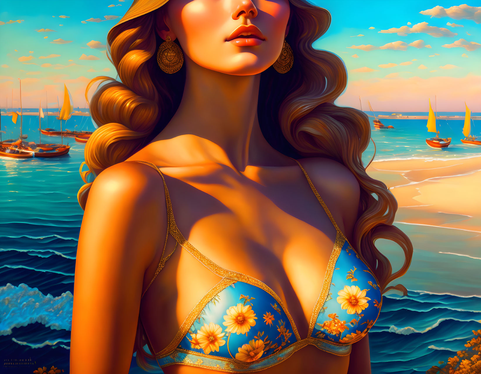 Girl in a bikini in the style of Alphonse Mucha