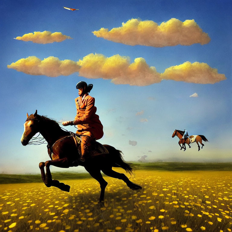 Surreal image of person riding horse in sky with yellow flowers