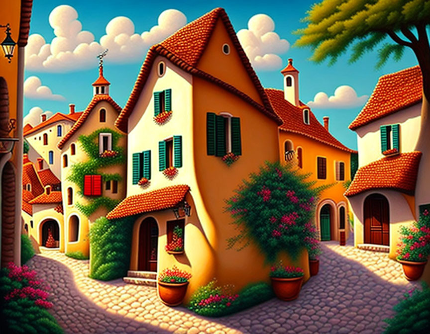 Colorful Village Illustration with Stylized Houses and Blooming Flowers