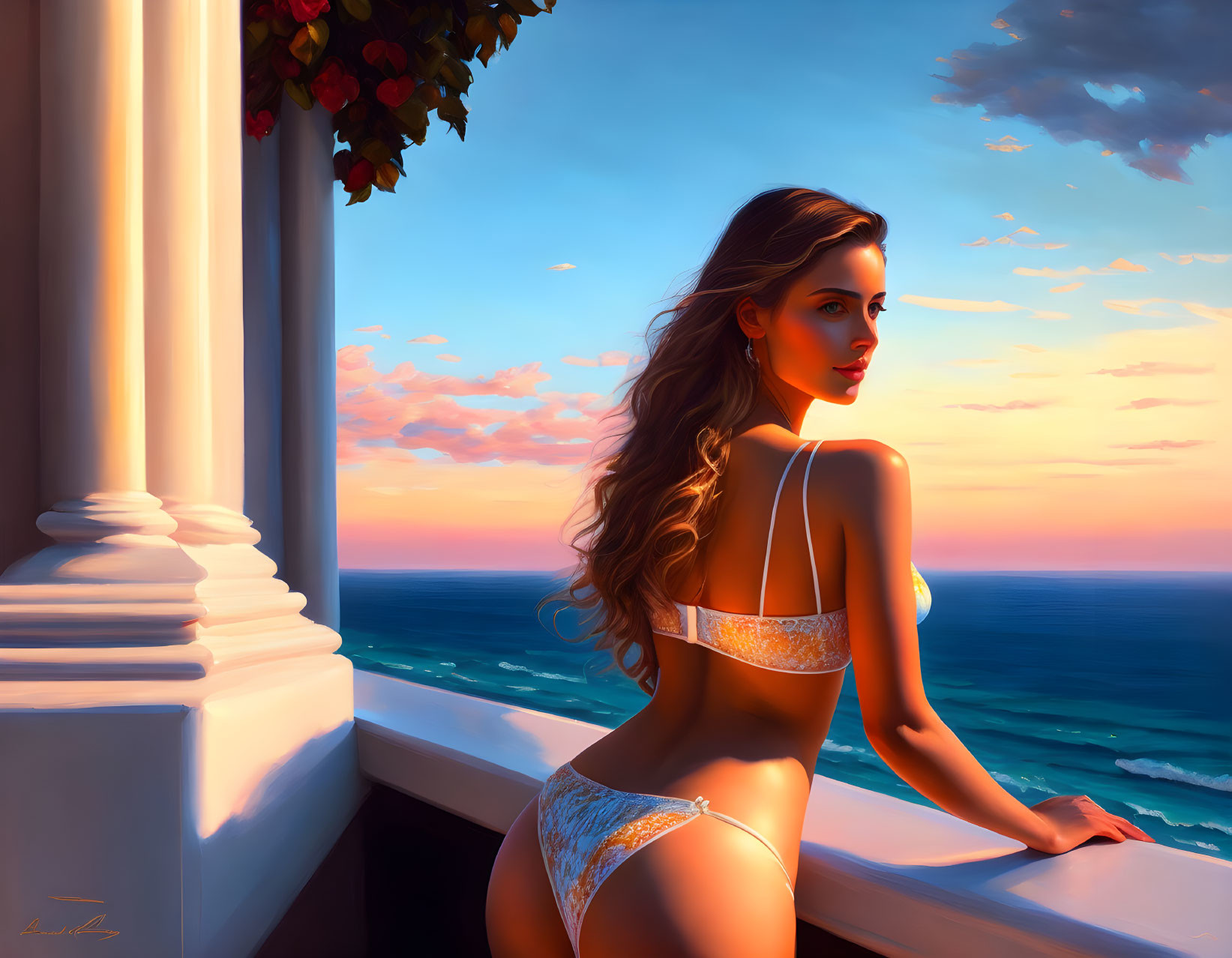 Woman in bikini on balcony overlooking seaside sunset
