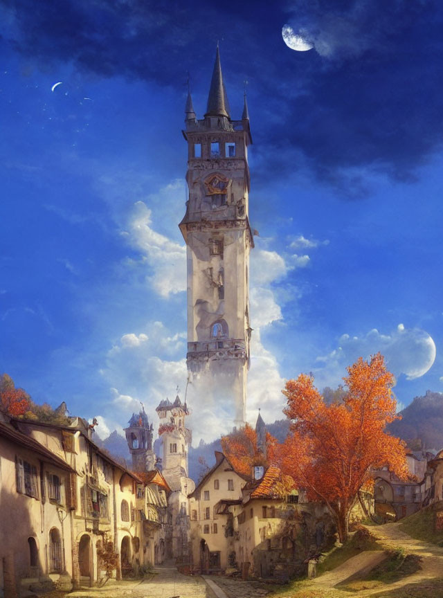 Fantastical tall tower in autumn village with crescent moon