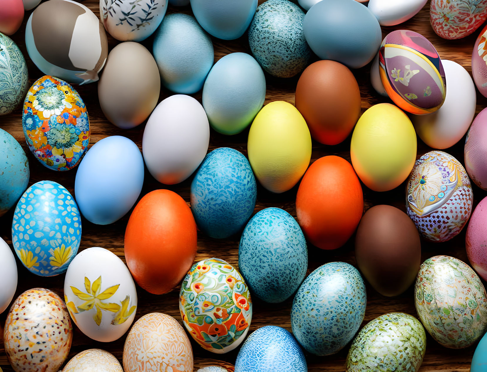 Vibrant Easter eggs displayed on wooden background