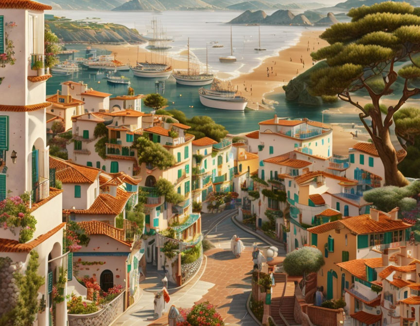 Seaside town with terracotta roofs, cobblestone streets, lush trees, and tranquil harbor