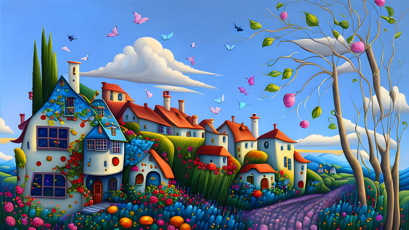 Colorful Village Painting with Flowers, Butterflies, and Sunny Sky