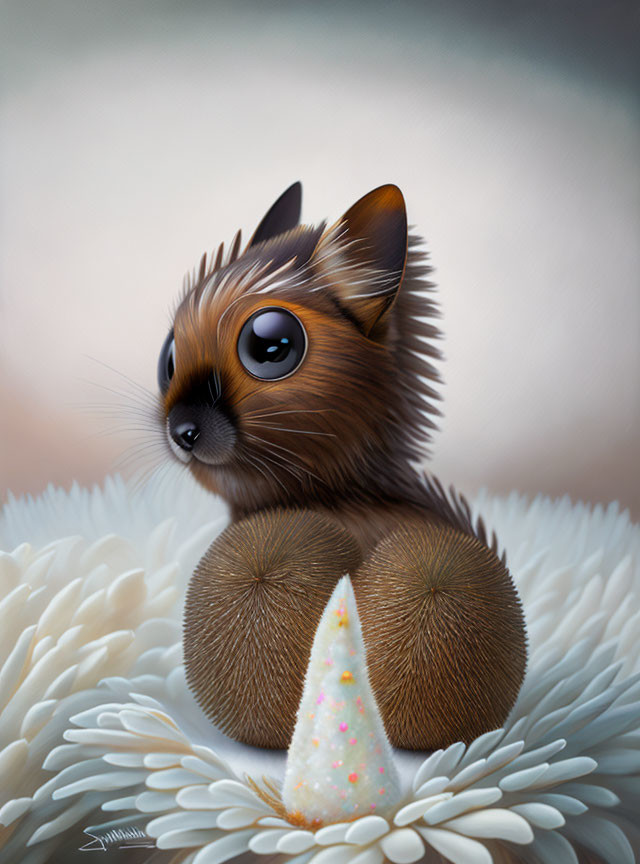 Stylized brown animal with glossy eyes on white flowers
