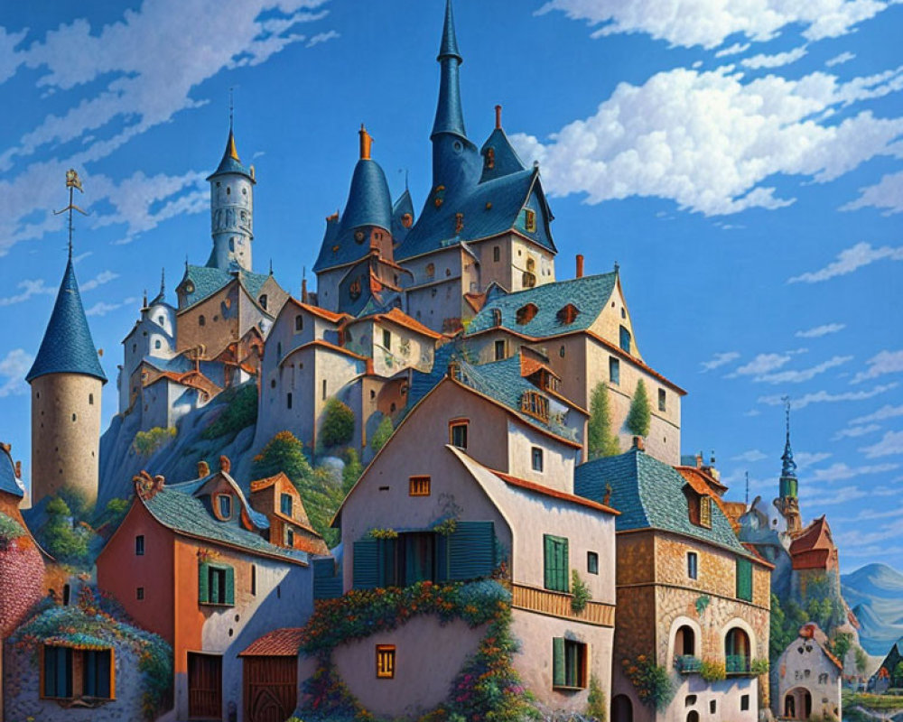 Vibrant fairy-tale castle on hill with whimsical towers and rooftops