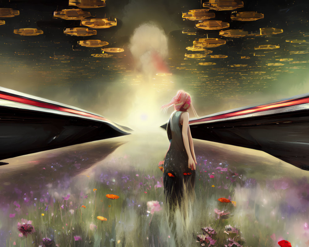 Pink-haired person in a field with bright light, dark wings, and UFOs
