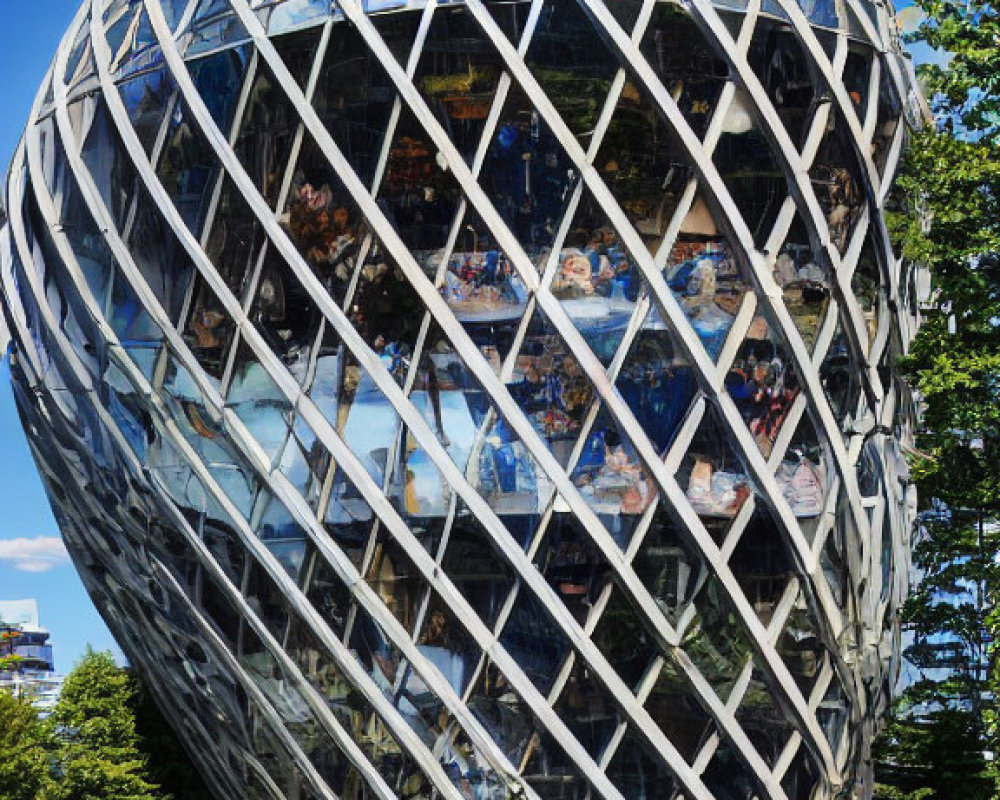 Egg-shaped building with geometric glass facade in lush green setting